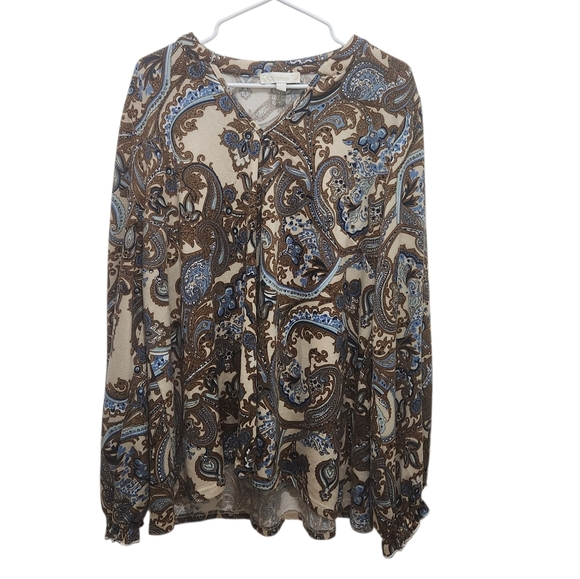 NWOT Suzanne Betro Paisley Blouse Blue and Brown Peasant Boho Soft Plus Size 2X - Picture 1 of 5